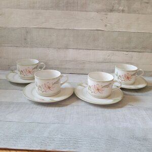Oneida Pink Magnolia Teacup & Saucer Set - 4 Pcs - Fine China - Elegant Floral D